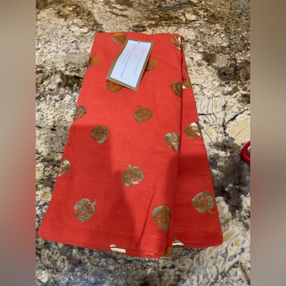 Cupcakes and Cashmere kitchen towel set - orange with gold pumpkins 🎃 Brand new!